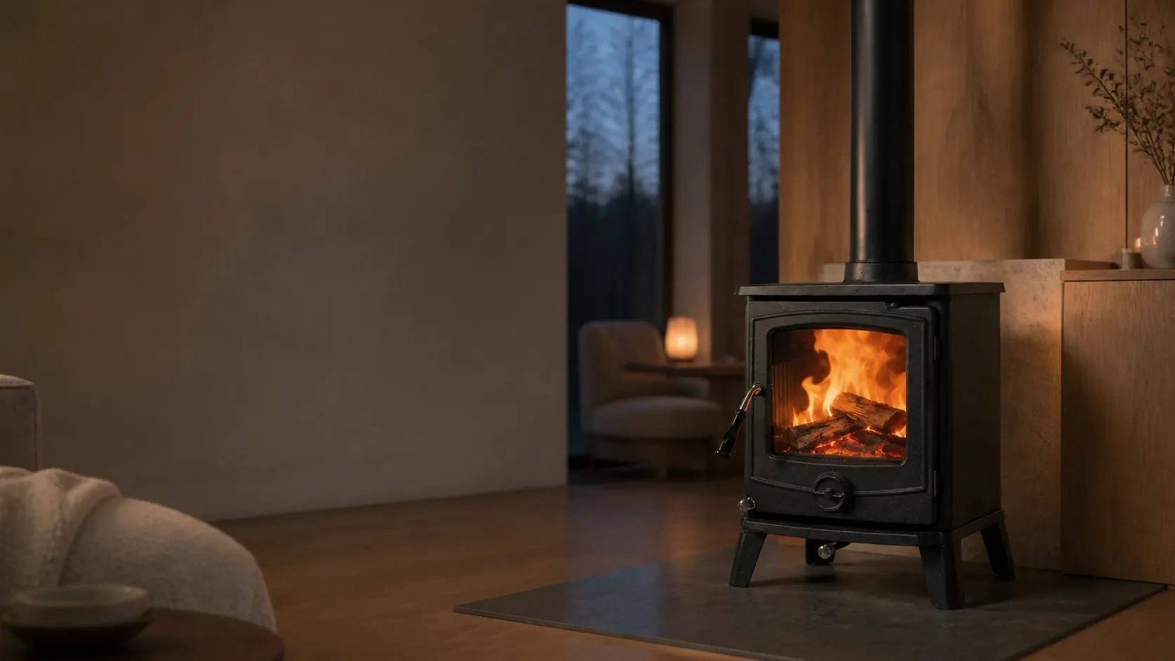 ELDVARA Model 1401 black stove in a warm Scandinavian living room