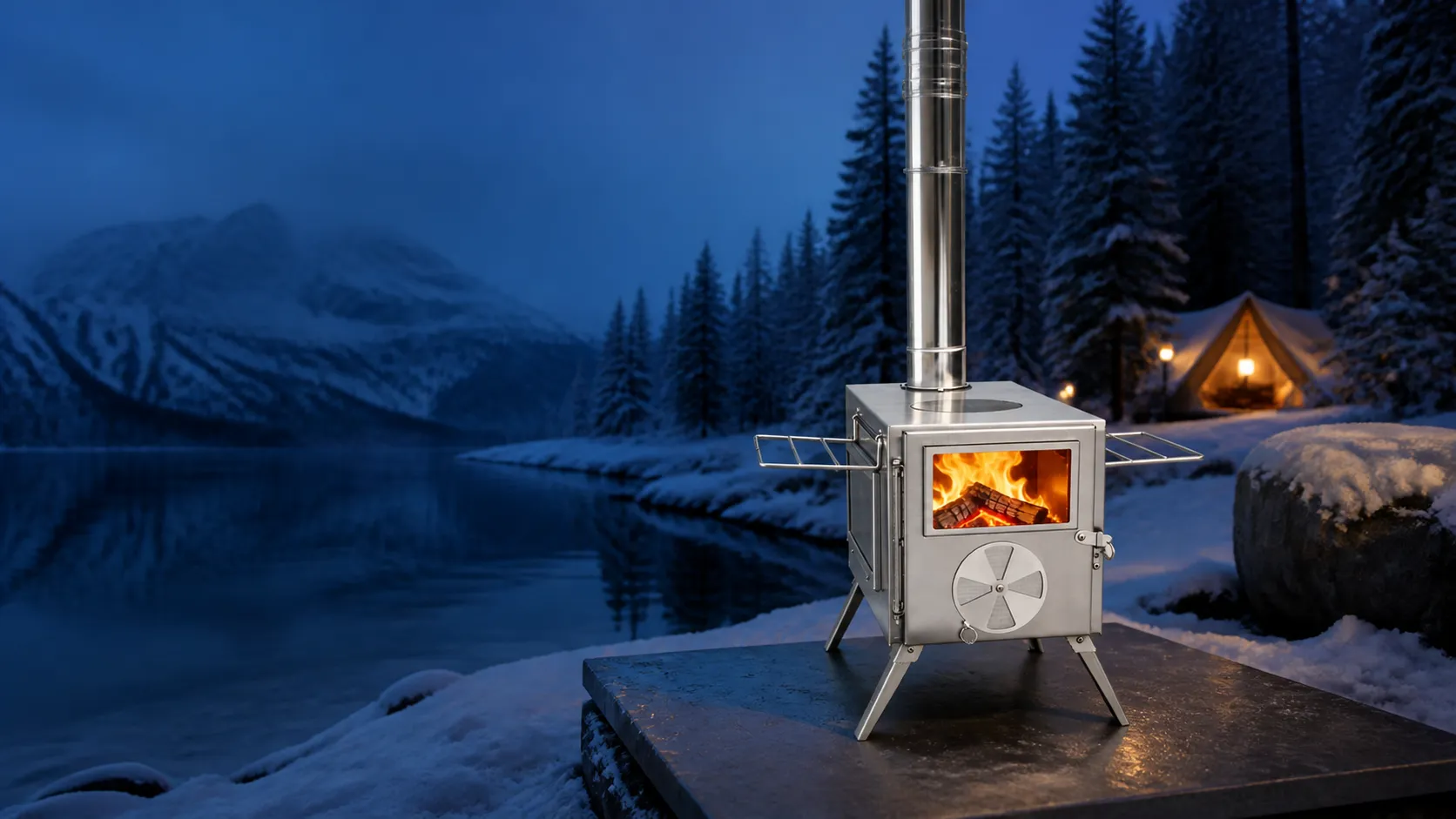 ELDVARA Model CHL01F2 stainless-steel stove in a snowy lakeside setting