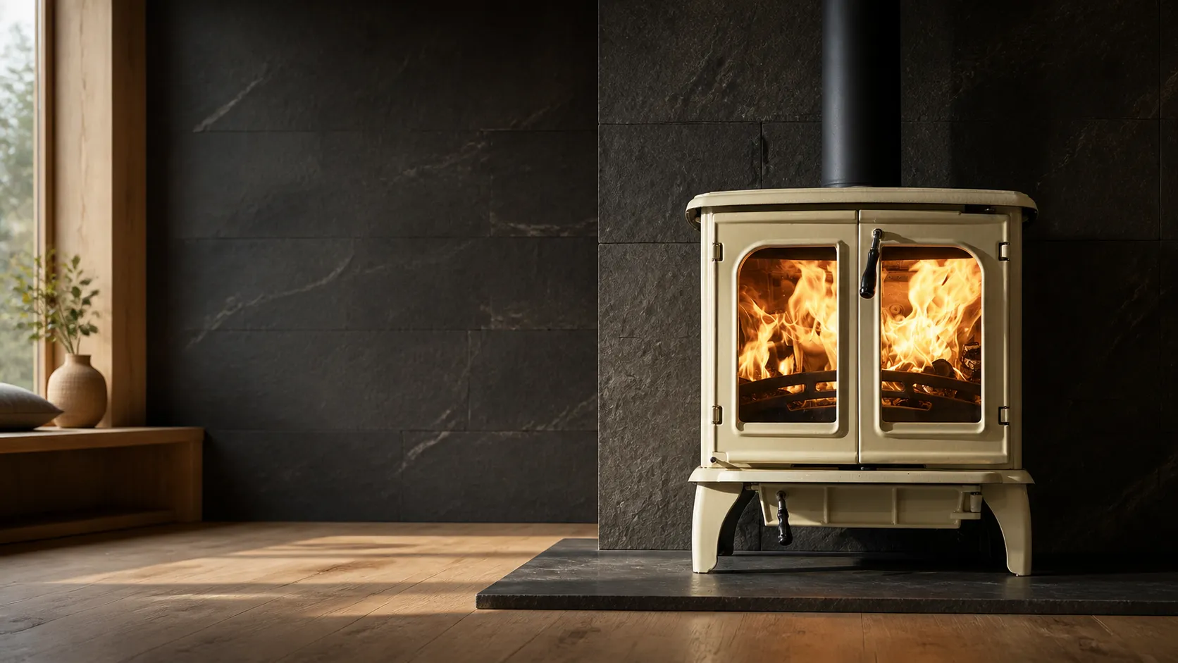 ELDVARA Model SUNME04-T ivory double-door stove in a refined stone interior