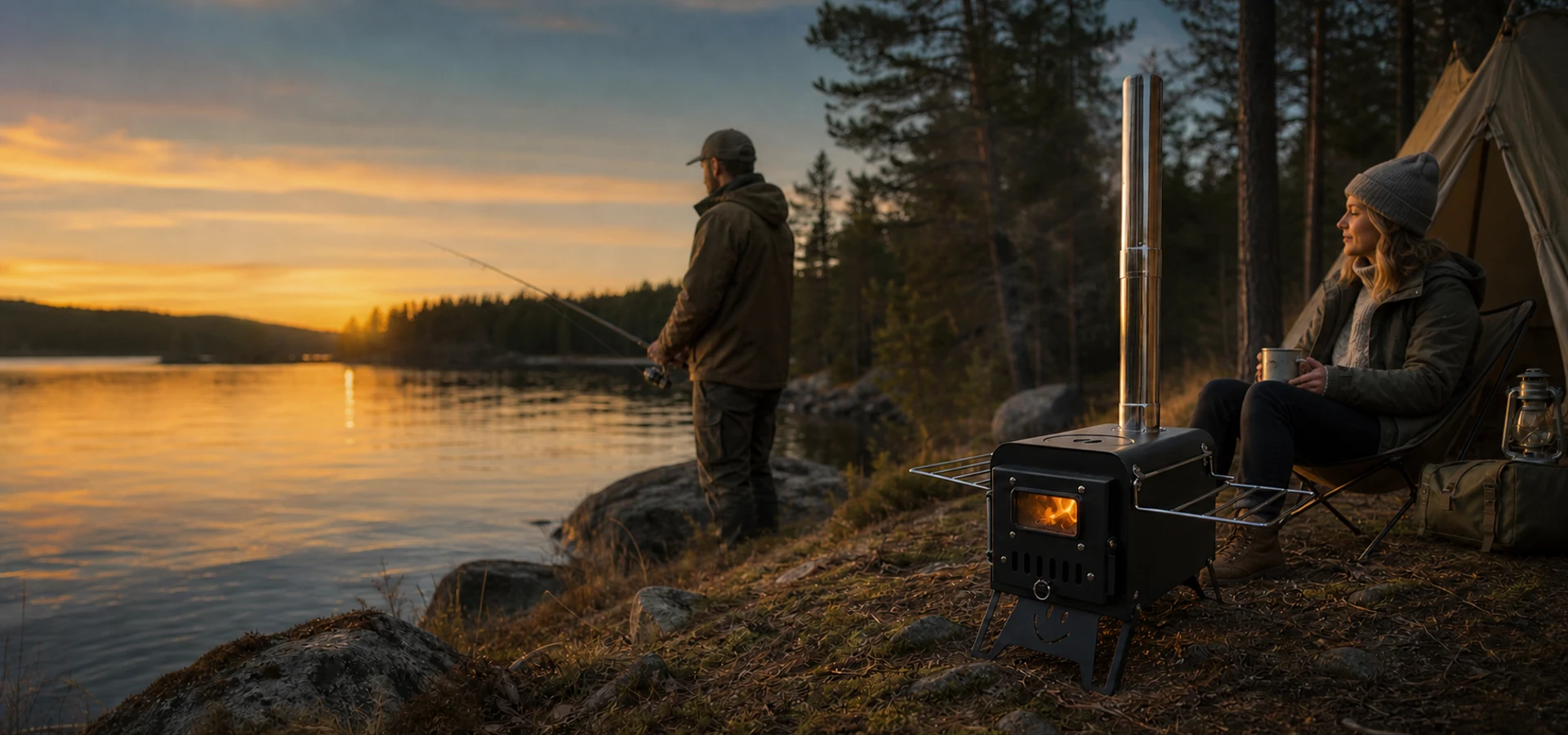 ELDVARA portable camping stove at a lakeside fishing camp